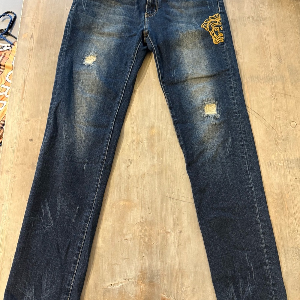 Versace Dark Blue Distressed Jeans with Gold Embroidered Detail